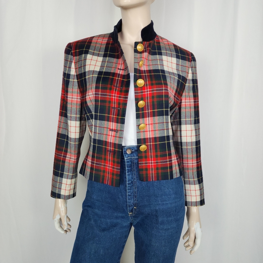 Vtg Mondi plaid wool blazer velvet trim M/L 38